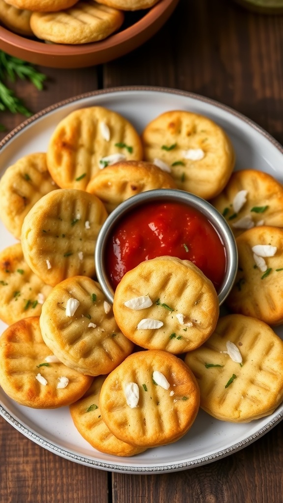 Savory Parmesan cookies served on a plate with herbs and marinara sauce.